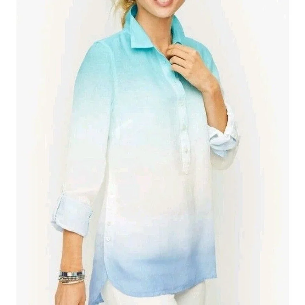 TALBOTS Womens XLP Ombre Dip Dye 100% Linen Roll Tab Button Shirt Blouse Top